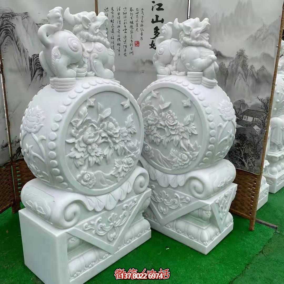 天然優(yōu)質漢白玉浮雕麒麟抱鼓石，裝點你的庭院門口