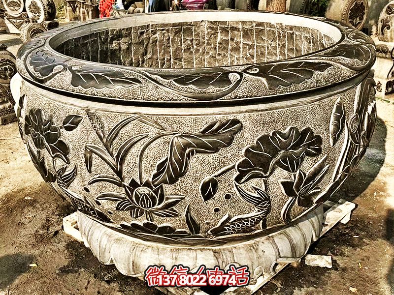 精美大理石浮雕蓮花缸，現代庭院裝飾雕塑