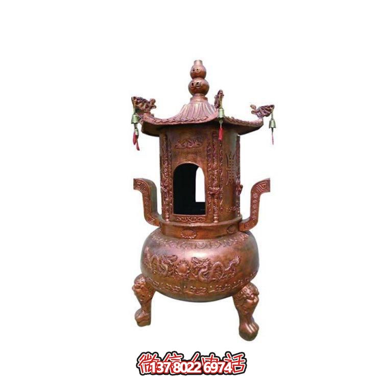 純銅香爐四柱舍利塔，裝飾寺院舍利
