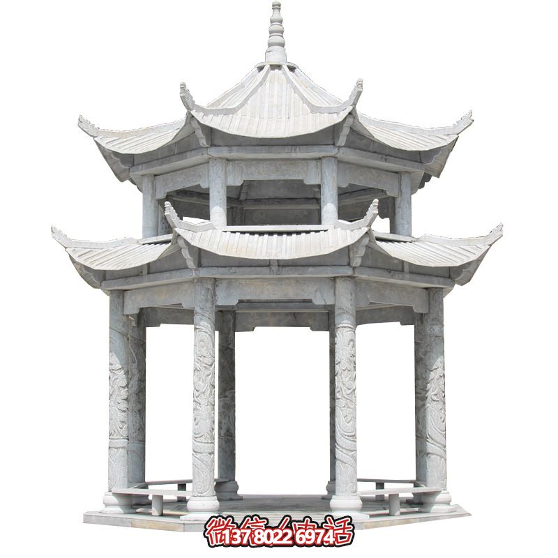 精美大理石雙層柱涼亭，雕塑點綴休息亭