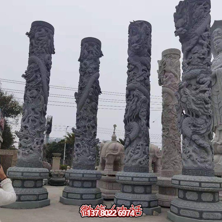 青石浮雕龍柱，精美石雕園林景觀裝飾