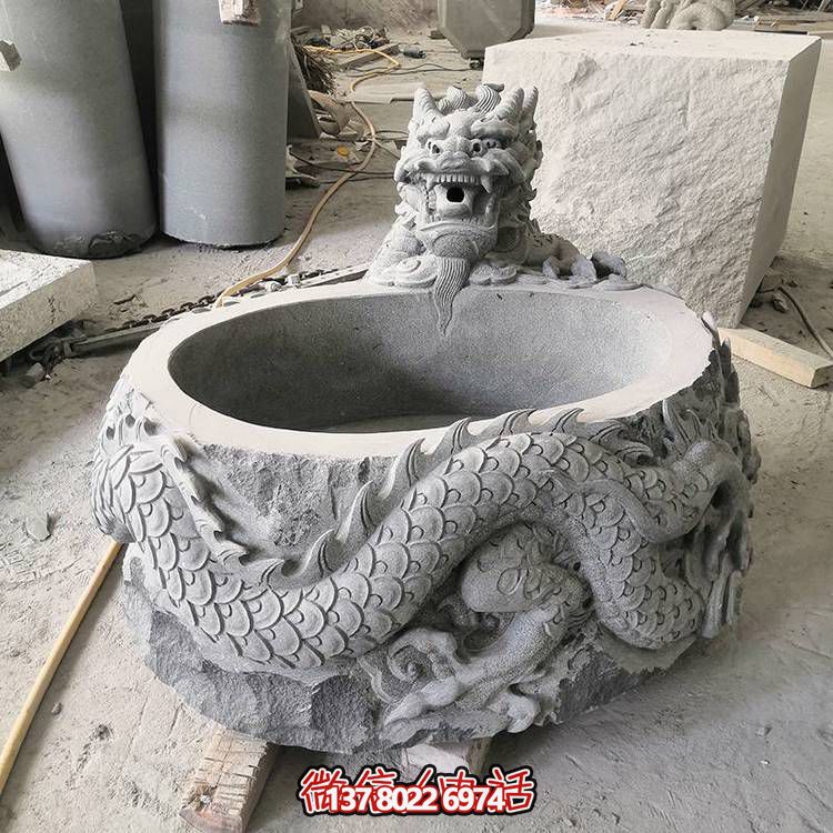 仿古石缸水缸青石龍形浮雕雕塑，為您的庭院增添一抹古樸